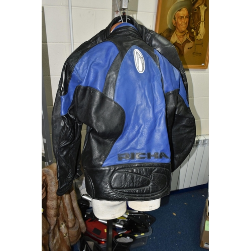 532 - ONE BOX OF CAR PARTS AND TWO LEATHER BIKER'S JACKETS, to include a black with blue panels 'Richa' bi... 