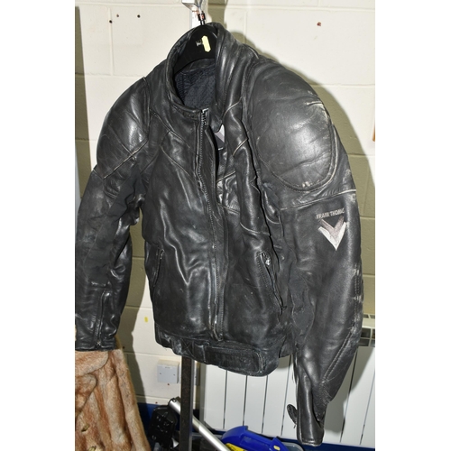 532 - ONE BOX OF CAR PARTS AND TWO LEATHER BIKER'S JACKETS, to include a black with blue panels 'Richa' bi... 