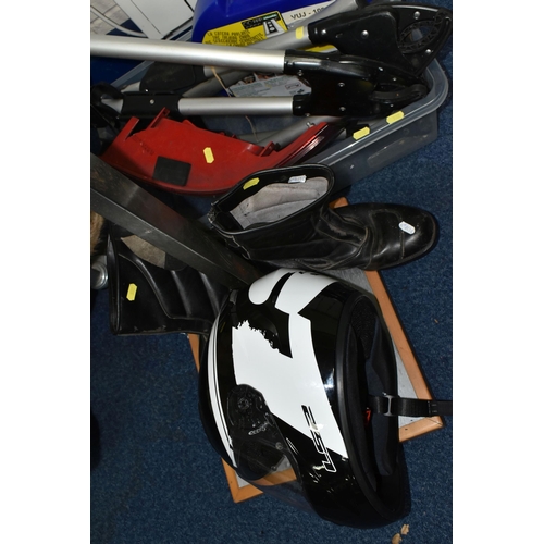 532 - ONE BOX OF CAR PARTS AND TWO LEATHER BIKER'S JACKETS, to include a black with blue panels 'Richa' bi... 