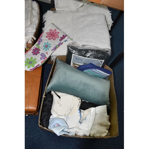 537 - THREE BOXES OF CUSHIONS, THROWS AND CURTAINS, to include a tan leather combination lock briefcase, t... 