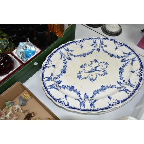 543 - TWO BOXES OF CERAMICS, to include two flow blue oval meat plates, a large Clarendon blue and white m... 