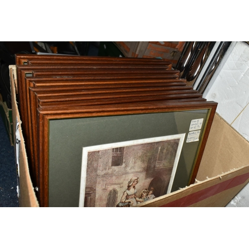 545 - TWO BOXES OF CERAMICS AND FRAMED PRINTS, to include an art deco design Crown Devon 'Glenwood' patter... 