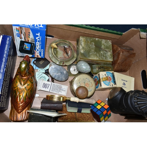 547 - TWO BOXES AND LOOSE METALWARE AND SUNDRIES, to include a vintage Policeman's  Bullseye  cycle lamp, ... 