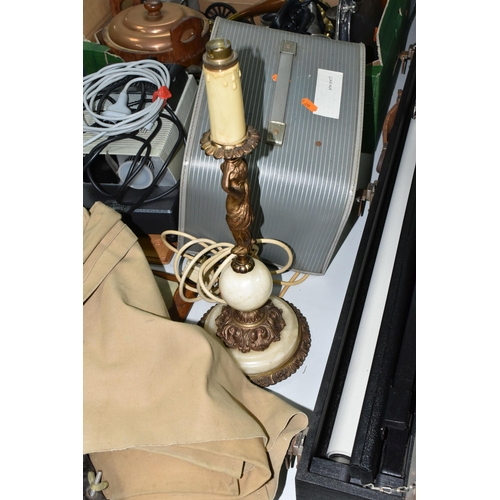 547 - TWO BOXES AND LOOSE METALWARE AND SUNDRIES, to include a vintage Policeman's  Bullseye  cycle lamp, ... 