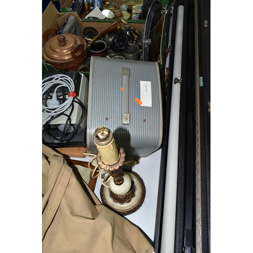 547 - TWO BOXES AND LOOSE METALWARE AND SUNDRIES, to include a vintage Policeman's  Bullseye  cycle lamp, ... 