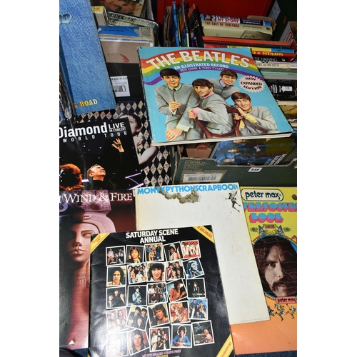 549 - THREE BOXES OF MUSIC MEMORABILIA, RECORDS AND BOOKS, books include a1976 No.2 Saturday scene Annual,... 