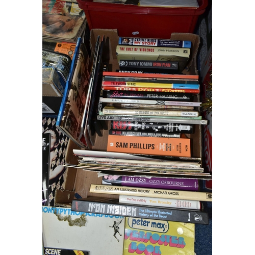 549 - THREE BOXES OF MUSIC MEMORABILIA, RECORDS AND BOOKS, books include a1976 No.2 Saturday scene Annual,... 