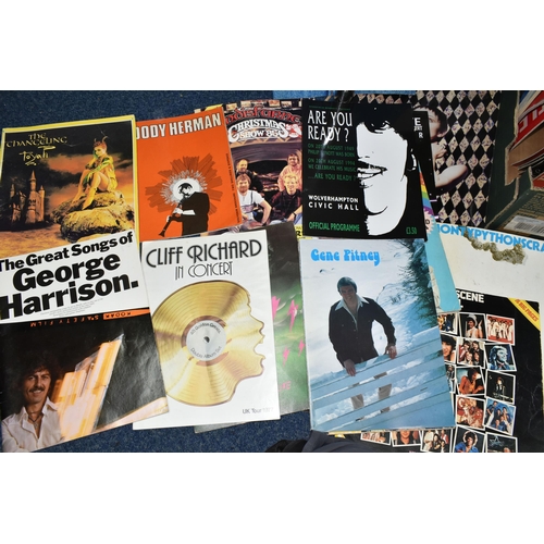 549 - THREE BOXES OF MUSIC MEMORABILIA, RECORDS AND BOOKS, books include a1976 No.2 Saturday scene Annual,... 