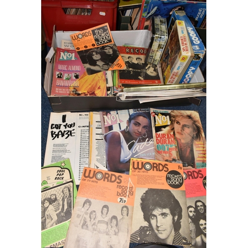 549 - THREE BOXES OF MUSIC MEMORABILIA, RECORDS AND BOOKS, books include a1976 No.2 Saturday scene Annual,... 