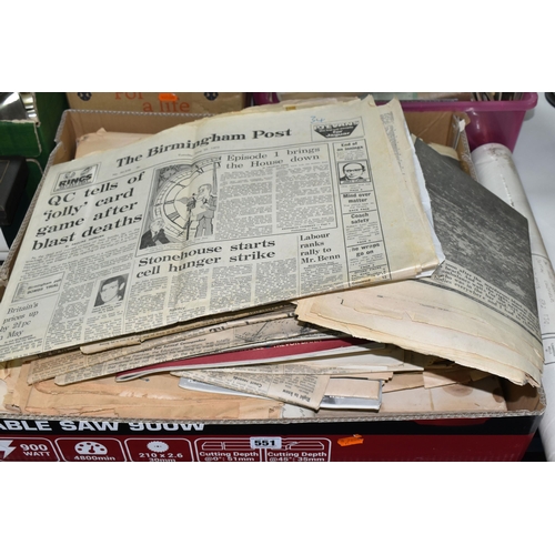 551 - THREE BOXES OF EPHEMERA to include a large collection Newspapers dating from the early 19th century ... 