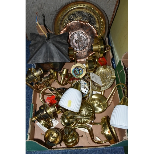 552 - TWO BOXES OF METALWARE, to include stainless steel tea ware, Oberoi Brothers gilt metal wall lights,... 