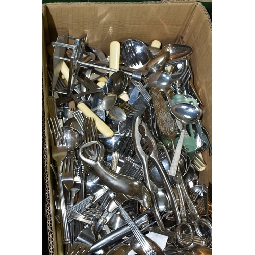 555 - TWO BOXES OF METALWARE, to include Arthur Price cutlery, a boxed set of fish servers, a silverplate ... 