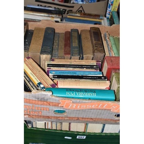 557 - THREE BOXES OF BOOKS containing over 130 miscellaneous titles in hardback and paperback formats, sub... 