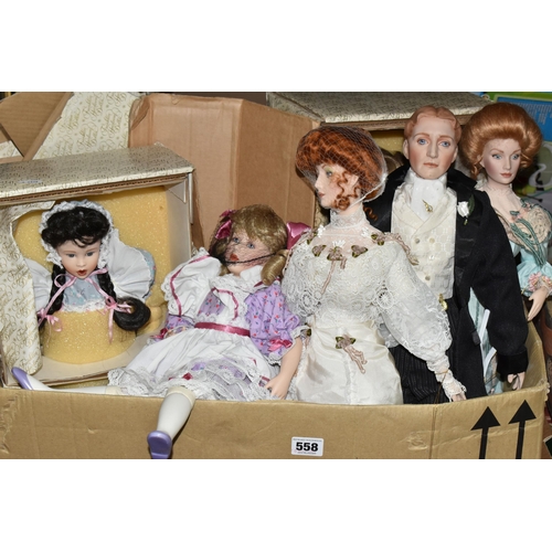 558 - ONE BOX OF COLLECTABLE PORCELAIN DOLLS, Franklin Heirloom dolls with boxes and certificates, six dol... 