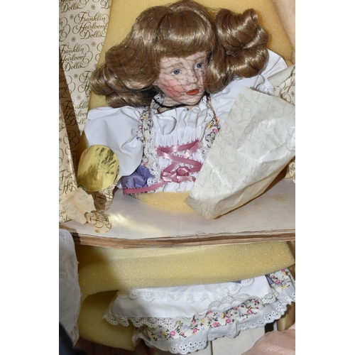 558 - ONE BOX OF COLLECTABLE PORCELAIN DOLLS, Franklin Heirloom dolls with boxes and certificates, six dol... 