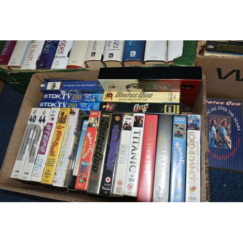 562 - SIX BOXES OF BOOKS & ONE BOX OF VHS VIDEO TAPES, the books comprise of over 100 miscellaneous titles... 