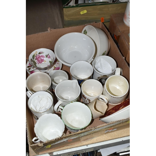 566 - SIX BOXES OF TEA AND DINNER WARES ETC, to include green Denby Stoneware, Stanley rose pattern tea wa... 