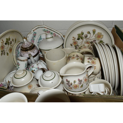 566 - SIX BOXES OF TEA AND DINNER WARES ETC, to include green Denby Stoneware, Stanley rose pattern tea wa... 