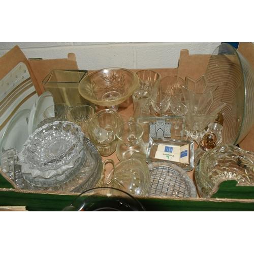 570 - FOUR BOXES AND LOOSE ASSORTED GLASS WARES ETC, to include vintage Babycham glasses, vintage champagn... 