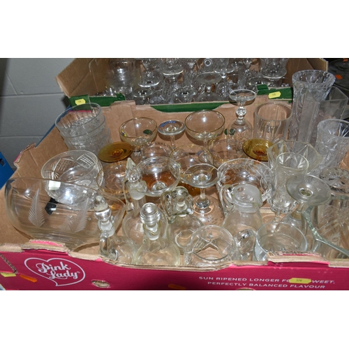 570 - FOUR BOXES AND LOOSE ASSORTED GLASS WARES ETC, to include vintage Babycham glasses, vintage champagn... 