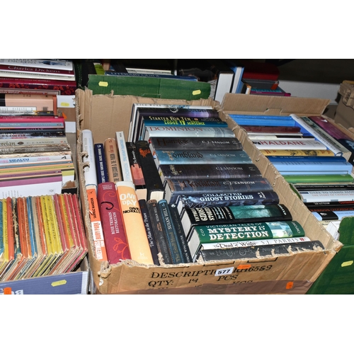 577 - SEVEN BOXES OF BOOKS, to include approximately one hundred and twenty titles in hardback and paperba... 