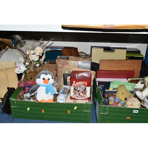 579 - FOUR BOXES AND LOOSE MISCELLANEOUS ITEMS, a vintage tin of 'cats eye' marbles, two Baylis & Harding ... 