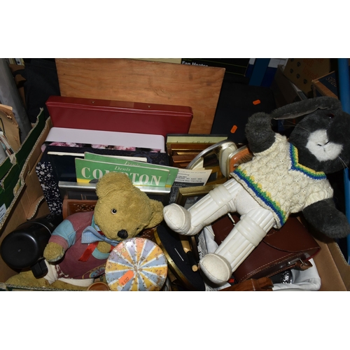 579 - FOUR BOXES AND LOOSE MISCELLANEOUS ITEMS, a vintage tin of 'cats eye' marbles, two Baylis & Harding ... 