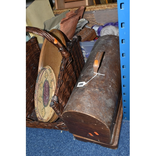 583 - A BOX AND LOOSE SEWING MACHINE, KNITTING ITEMS, BASKETS AND TREEN, to include a cased Singer sewing ... 