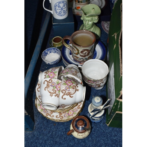 585 - TWO BOXES AND LOOSE CERAMICS AND GLASS WARES, to include a large oriental stick stand, two tureens a... 