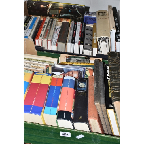 587 - TWO BOXES OF BOOKS containing over sixty miscellaneous titles in hardback and paperback formats, sub... 