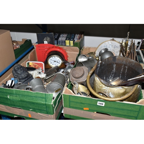 588 - THREE BOXES OF METAL WARES, DVDS AND SUNDRY ITEMS, to include a small brass coal scuttle, vintage ti... 