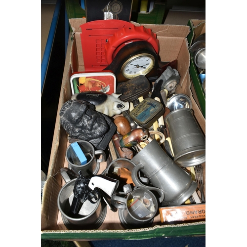 588 - THREE BOXES OF METAL WARES, DVDS AND SUNDRY ITEMS, to include a small brass coal scuttle, vintage ti... 