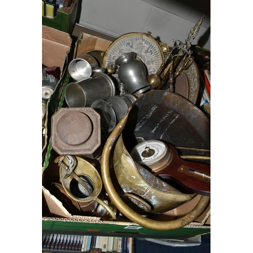 588 - THREE BOXES OF METAL WARES, DVDS AND SUNDRY ITEMS, to include a small brass coal scuttle, vintage ti... 