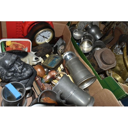 588 - THREE BOXES OF METAL WARES, DVDS AND SUNDRY ITEMS, to include a small brass coal scuttle, vintage ti... 