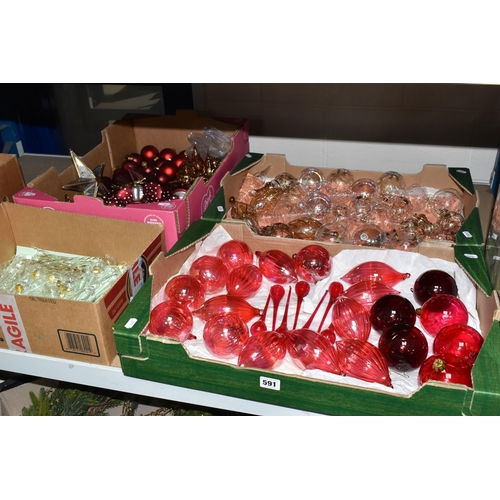 591 - FIVE BOXES OF CHRISTMAS DECORATIONS, many red and clear glass baubles to include three clear Marquis... 