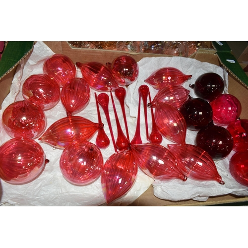 591 - FIVE BOXES OF CHRISTMAS DECORATIONS, many red and clear glass baubles to include three clear Marquis... 