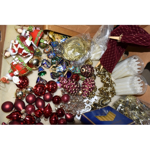 591 - FIVE BOXES OF CHRISTMAS DECORATIONS, many red and clear glass baubles to include three clear Marquis... 