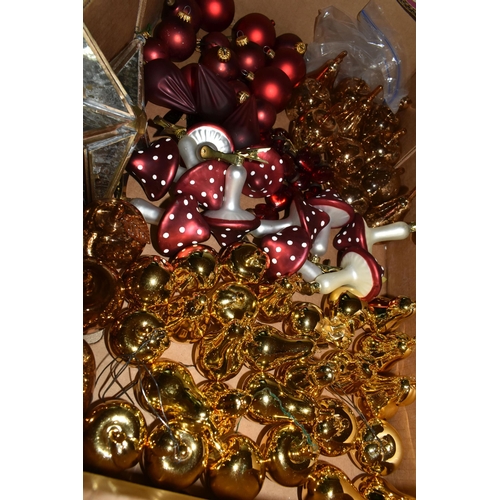 591 - FIVE BOXES OF CHRISTMAS DECORATIONS, many red and clear glass baubles to include three clear Marquis... 