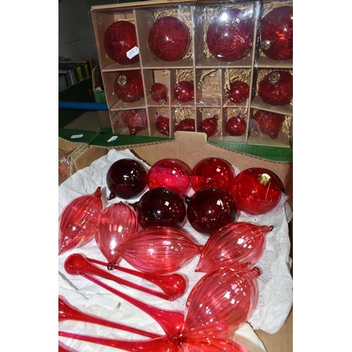 591 - FIVE BOXES OF CHRISTMAS DECORATIONS, many red and clear glass baubles to include three clear Marquis... 