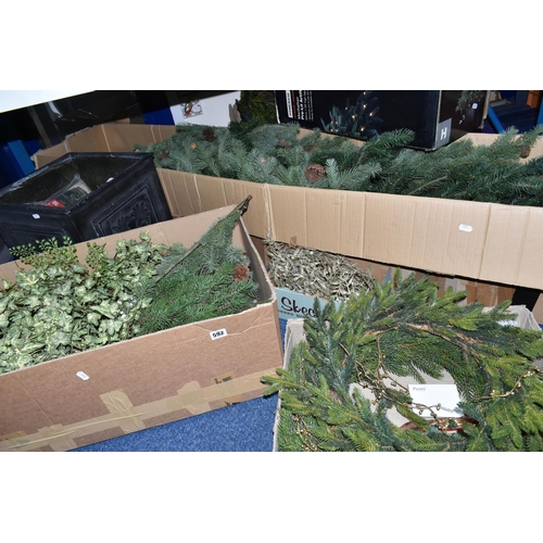 592 - FIVE BOXES AND LOOSE CHRISTMAS TREES AND DECORATIONS, to include a 7ft artificial pine tree with con... 