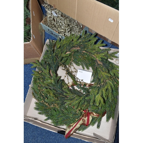 592 - FIVE BOXES AND LOOSE CHRISTMAS TREES AND DECORATIONS, to include a 7ft artificial pine tree with con... 