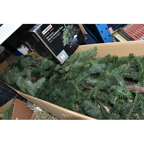 592 - FIVE BOXES AND LOOSE CHRISTMAS TREES AND DECORATIONS, to include a 7ft artificial pine tree with con... 