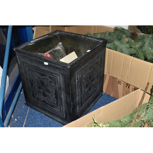 592 - FIVE BOXES AND LOOSE CHRISTMAS TREES AND DECORATIONS, to include a 7ft artificial pine tree with con... 