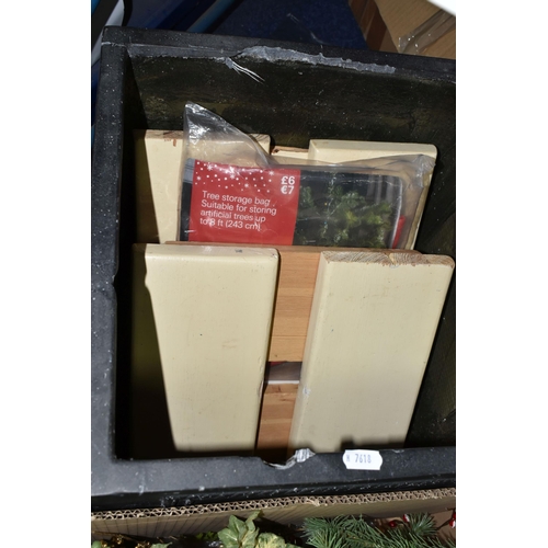 592 - FIVE BOXES AND LOOSE CHRISTMAS TREES AND DECORATIONS, to include a 7ft artificial pine tree with con... 