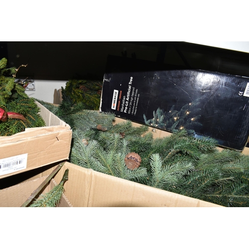 592 - FIVE BOXES AND LOOSE CHRISTMAS TREES AND DECORATIONS, to include a 7ft artificial pine tree with con... 