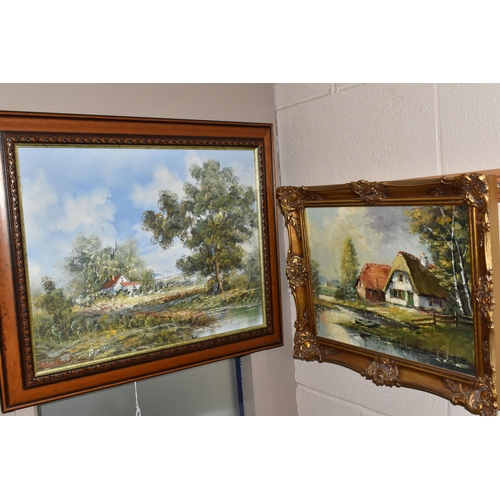 593 - TEN DECORATIVE 20TH CENTURY LANDSCAPE OILS ON CANVAS AND BOARD, comprising a river landscape with co... 