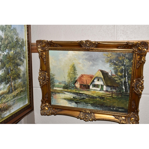 593 - TEN DECORATIVE 20TH CENTURY LANDSCAPE OILS ON CANVAS AND BOARD, comprising a river landscape with co... 