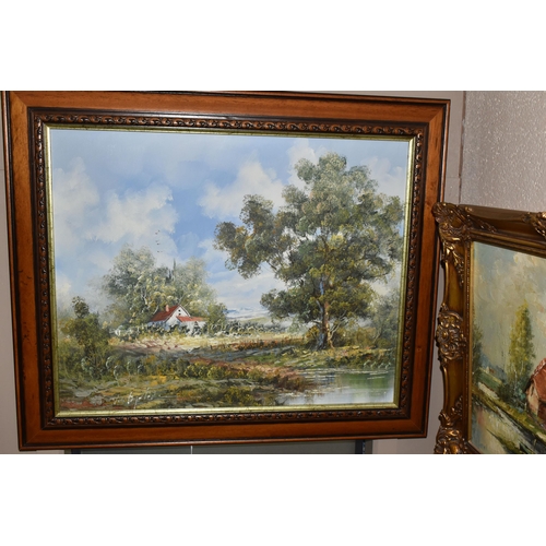 593 - TEN DECORATIVE 20TH CENTURY LANDSCAPE OILS ON CANVAS AND BOARD, comprising a river landscape with co... 