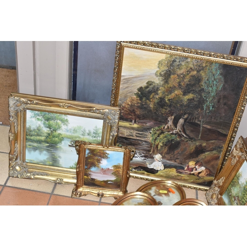 593 - TEN DECORATIVE 20TH CENTURY LANDSCAPE OILS ON CANVAS AND BOARD, comprising a river landscape with co... 