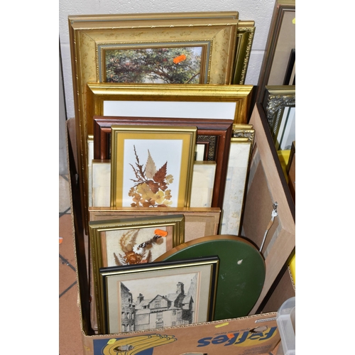 594 - THREE BOXES AND LOOSE DECORATIVE PICTURES AND PRINTS ETC, to include two dry point etchings depictin... 